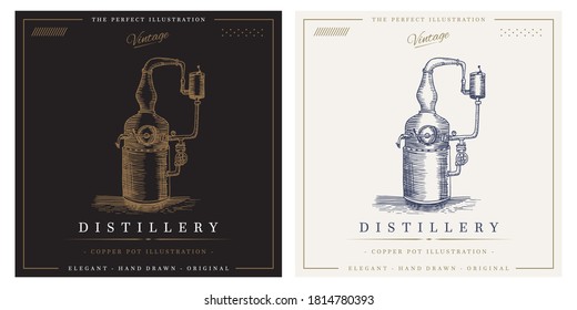 Distillery vintage copper pot alcohol distillation logo illustration