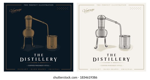Distillery vintage logo whiskey copper pot still illustration