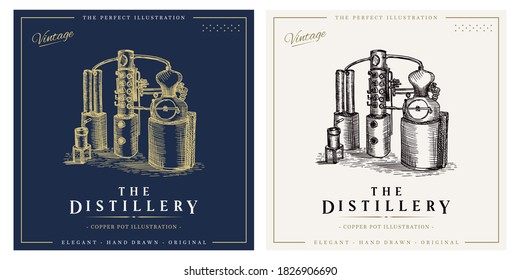 Distillery whiskey vintage logo alcohol distillation process illustration