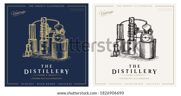 Distillery whiskey vintage logo alcohol\
distillation process\
illustration