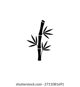 Ein ausgeprägtes schwarzes Symbol, das einen einzelnen Bambusstamm mit Blättern zeigt, der Themen wie Natur, Reinheit und Einfachheit vermittelt. Einzeln auf weiß.