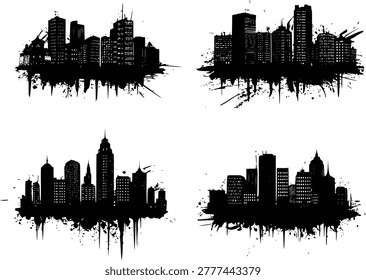 distinct black ink splatter silhouettes of cityscapes with varied building heights and architectural styles, presented a white background.