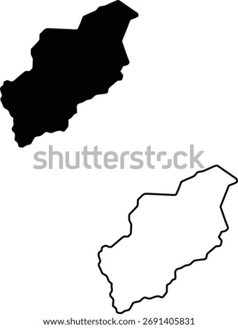A distinct black silhouette and line map illustrating the boundaries of an elongated geographical area for various uses.