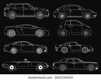 Modelos distintos de carros exibidos em um plano de fundo preto em um layout de grade limpo. Cada veículo apresenta faróis únicos, grelhas e desenhos de rodas com detalhes nítidos. Vista lateral