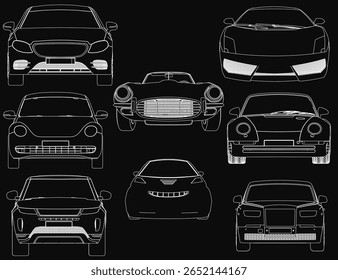 Modelos de carro distintos exibidos em fundo preto em um layout de grade limpo. Cada veículo apresenta faróis únicos, grelhas e desenhos de rodas. O fundo escuro realça os detalhes afiados. Vista frontal