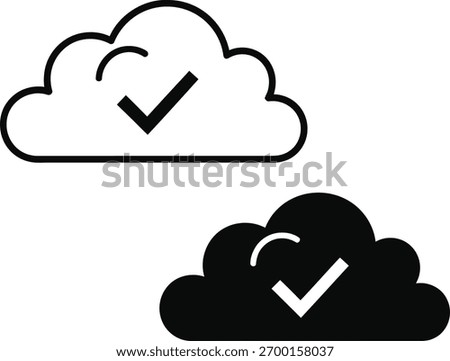 Distinct cloud icons, one in white outline and the other solid black, each featuring a checkmark, stand against a transparent backdrop, suitable for digital projects.