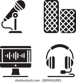 A distinct group of four black silhouette icons depicting essential audio elements such as a microphone, sound waves on a monitor, speakers, and headphones.