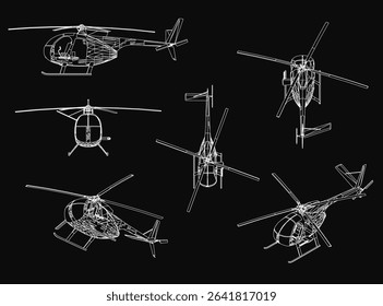 Distinct helicopters in a clean line art style, arranged side by side on a black background. Each model features detailed rotor blades, landing gear, and unique design elements.