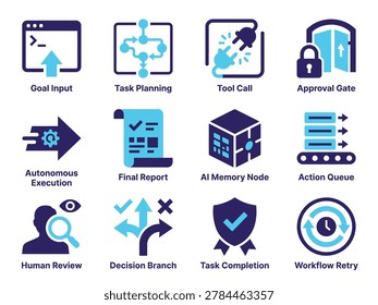 Distinct modern AI icons for autonomous task workflows, goal input, planning, tool calls, approval gates, execution, and final reports.