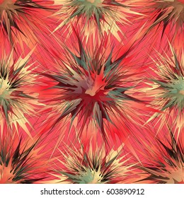 Distinct seamless pattern with complicated geometric stars on red background. Unusual abstract artwork for poster, print, fabric.