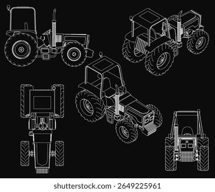 Distinct tractor models outlined in white against a black background, showcasing clear silhouettes. The minimalist design highlights agricultural machinery details.