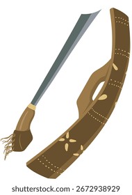 Una Ilustración vectorial distintiva del Celurit, un arma tradicional icónica de Madura, Indonesia, también ampliamente utilizada como herramienta agrícola. Esta obra de arte presenta su firma curva