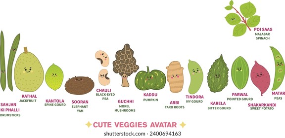  distinctive Asian veggies set in cute avatar, vector isolated design,healthy food, fit food, Spine gourd ,Kantola,Elephant yam,guchhi,morel