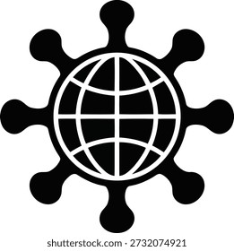 Um ícone preto distinto que representa conexões de rede globais, expansão digital ou colaboração mundial.