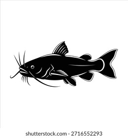Die markante schwarze Silhouette eines Wels mit markanten Whiskern und Flossen, einzeln auf sauberem, weißem Hintergrund, geeignet für Angeln, Süßwasserthemen oder Tierdesigns.
