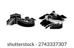 Distinctive black silhouette style showcases the great wall winding across mountainous terrain.