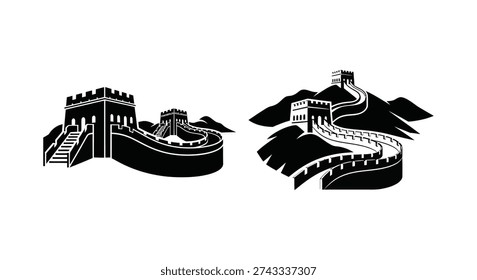 Distinctive black silhouette style showcases the great wall winding across mountainous terrain.