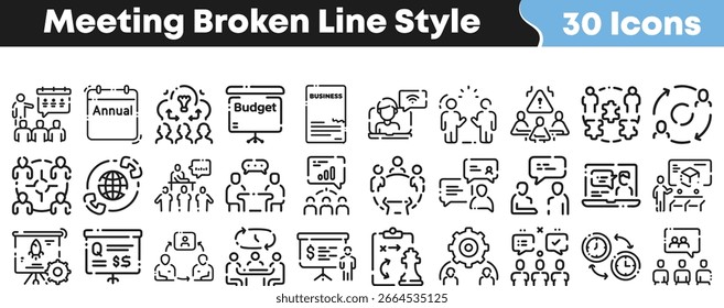 Uma coleção distinta de 30 ícones de estilo de linha quebrada ilustrando reuniões de negócios, trabalho em equipe e conceitos corporativos, adequados para diversos designs profissionais.