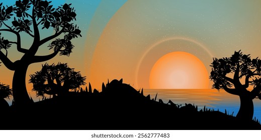 A distinctive drawing of the sky and sea with a sunset or sunrise sky, glare, and the presence of trees on the beach