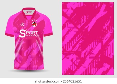 A distinctive football shirt. The shirt is bright pink. Different shades are used to create depth and interest. The pattern on the shirt is a modern line and pattern.