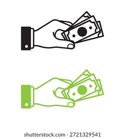Una ilustración gráfica distintiva con dos manos humanas, una en monocromo sosteniendo billetes de dólar negro y otra en contorno verde sosteniendo billetes de dólar verde, simbolizando sorprendentemente las finanzas, el dinero, la riqueza, los ingresos, el pago, el presupuesto, el cambio de divisas, las transacciones financieras y el concepto universal de valor monetario y actividad económica.