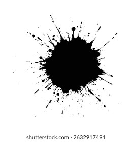 A distinctive ink splatter silhouette, featuring a central blob with radiating droplets. The style is bold and expressive.