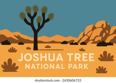 The distinctive Joshua trees stand tall against the vast desert landscape of Joshua Tree National Park, highlighted by a colorful sunset sky.
