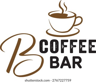 A distinctive logo for a coffee bar, featuring a stylized brown letter B, a steaming cup, and distressed 