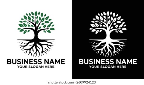 Distinctive logo design featuring bold black tree elements ideal for eco-conscious brands Represents growth nature sustainability and environmental care