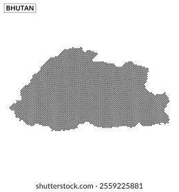 The distinctive outline of Bhutan is depicted with a unique dot pattern, showcasing the country’s geographical shape and borders.