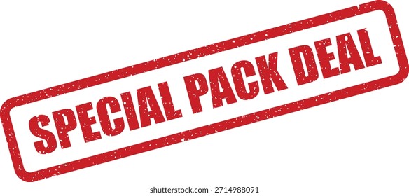 Un distintivo sello de goma rojo que marca "SPECIAL PACK DEAL" con una textura angustiada auténtica, perfecta para promocionar productos o servicios agrupados.