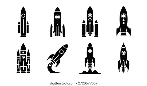 Die markanten Raketendesigns werden als fette, schwarze Silhouetten präsentiert, die einen auffälligen visuellen Effekt erzeugen.