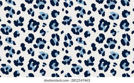 Distinctive seamless leopard pattern with irregular dark navy blue and subtle baby blue spots scattered on a clean off-white background.