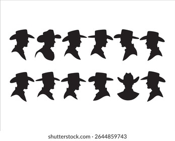 Silhuetas vetoriais distintivas mostram cowboys em estilos de chapéu diversificados, perfeito para projetos com tema ocidental e americano