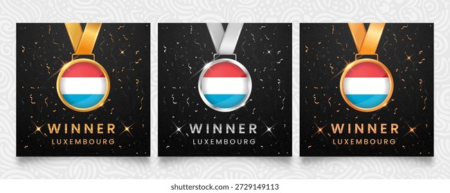 Una distinguida colección de medallas de oro, plata y bronce, cada una con la vibrante bandera de Luxemburgo, sobre un sofisticado fondo oscuro con confeti de celebración y detalles brillantes, perfecto para reconocer a los campeones.