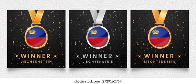 Uma distinta coleção de medalhas de ouro, prata e bronze, cada uma com a vibrante bandeira de Liechtenstein, situado contra um fundo escuro sofisticado com confetes comemorativos e acentos brilhantes, perfeito para reconhecer campeões.