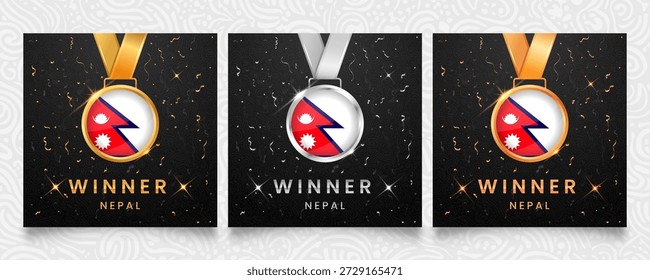 A distinguished collection of gold, silver, and bronze medals, each featuring the vibrant flag of Nepal, set against a sophisticated dark background with celebratory confetti and sparkling accents, perfect for recognizing champions.