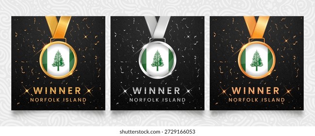 Una distinguida colección de medallas de oro, plata y bronce, cada una con la vibrante bandera de Norfolk Island, sobre un sofisticado fondo oscuro con confeti de celebración y detalles brillantes, perfecto para reconocer a los campeones.