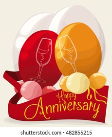 Distinguished decoration with a couple of double bubble balloons with toast cups and ribbons to celebrate the Anniversary party.