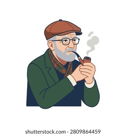 Distinguished elderly man smoking a wooden pipe wearing a flat cap. Clean illustration of a mature gentleman with a gray beard, glasses, and flat cap smoking a pipe. Features a green jacket and scarf. Ideal for lifestyle blogs or vintage themed presentations.