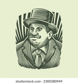 distinguished gentleman logo, an engraved style logo of a man with mustache wearing a top hat and formal suit, a vintage classic professional branding