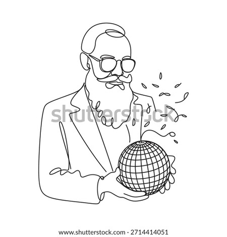 A distinguished man with a beard holding a globe in a line art style