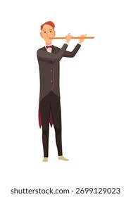 Um homem distinto em um smoking elegante é habilmente tocando uma flauta