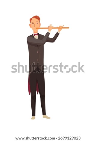 A distinguished man in an elegant tuxedo is skillfully playing a flute