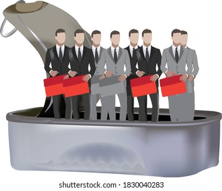 distinguished people at work squeezed into a can of sardines