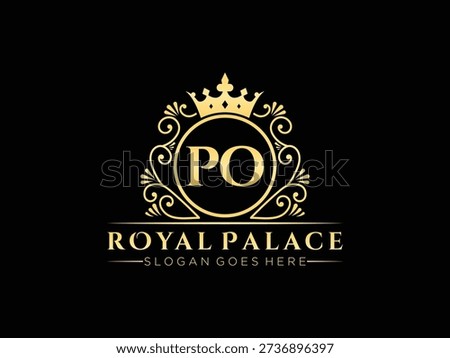 Distinguished royal emblem showcasing letters PO, detailed crown, and elegant flourishes, perfect for elite establishments and high-quality branding.