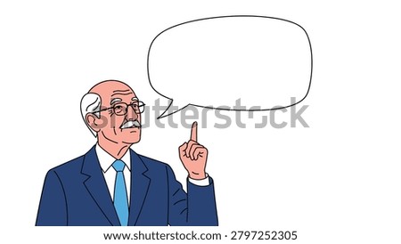 Distinguished senior man in a suit pointing his finger upwards next to an empty speech bubble for ideas or advice.