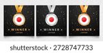 A distinguished set of gold, silver, and bronze medals, each featuring the iconic flag of Japan, presented on a dark background adorned with festive confetti and shimmering highlights, ideal for celebrating victories.