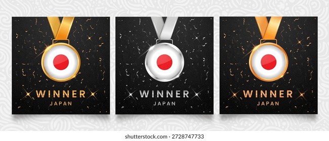 Un conjunto distinguido de medallas de oro, plata y bronce, cada una con la bandera icónica de Japón, presentada sobre un fondo oscuro adornado con confeti festivo y reflejos brillantes, ideal para celebrar victorias.