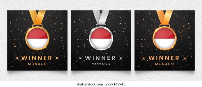Eine bedeutende Sammlung von Gold-, Silber- und Bronzemedaillen, jede mit der lebendigen Flagge von Monaco, präsentiert auf dunklem Hintergrund mit festlichem Konfetti und schimmernden Highlights, ideal für die Feier von Siegen geschmückt.